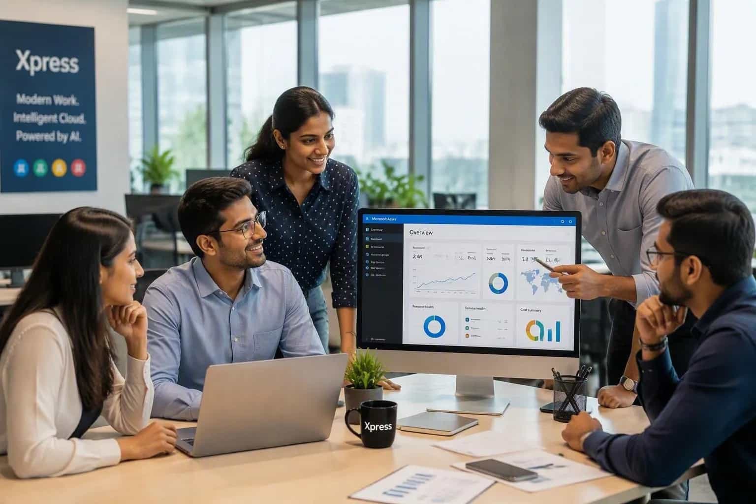 Xpress team reviewing a Microsoft Azure dashboard together in a modern office