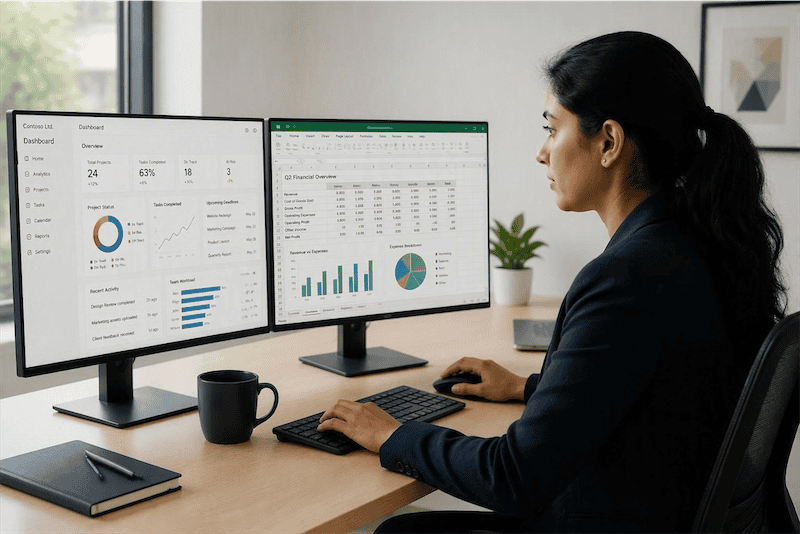 Laptop displaying Microsoft 365 health, security and license utilisation dashboard mockup