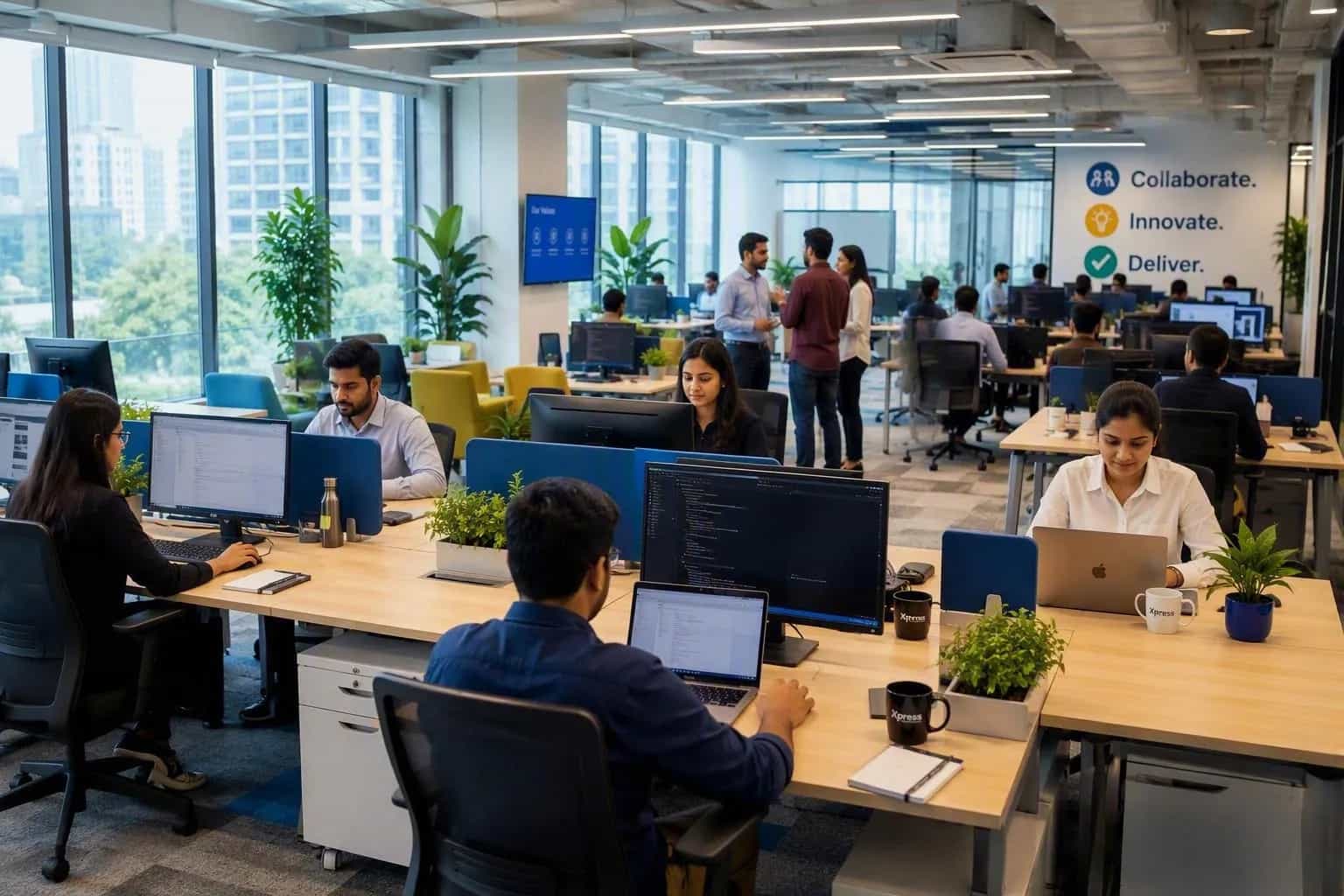 Modern Xpress office with Collaborate Innovate Deliver signage on the wall